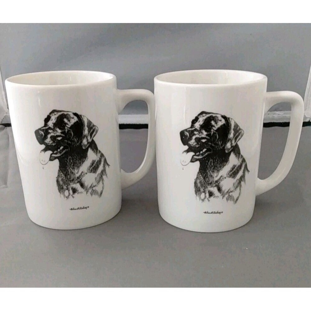 2 New Richard E Bishop Dog Coffee Cup mugs 4" tall